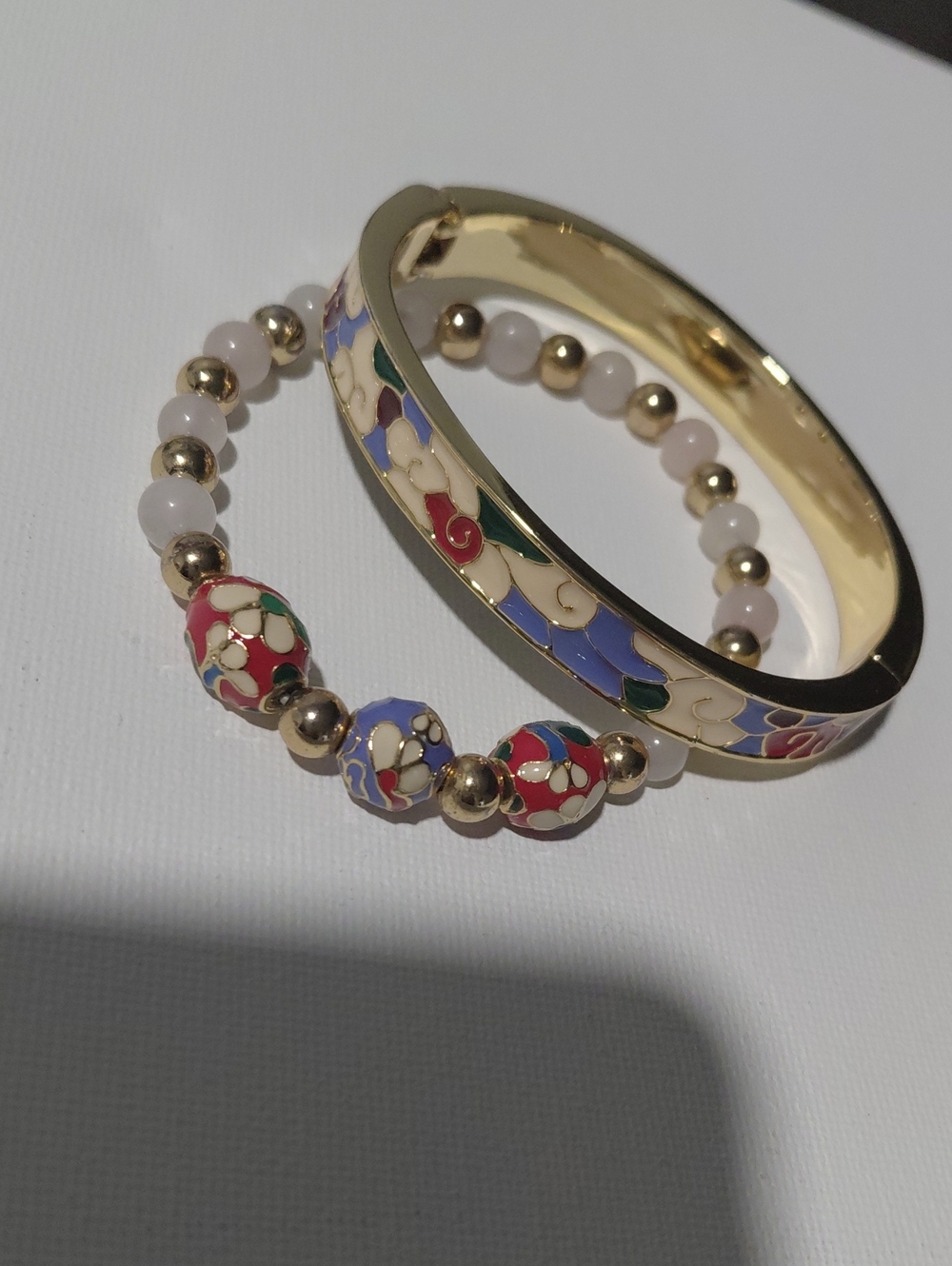 Talbots Gold Tone Cloisonné and Beaded Bracelet Set - Red, Blue, Green, Cream